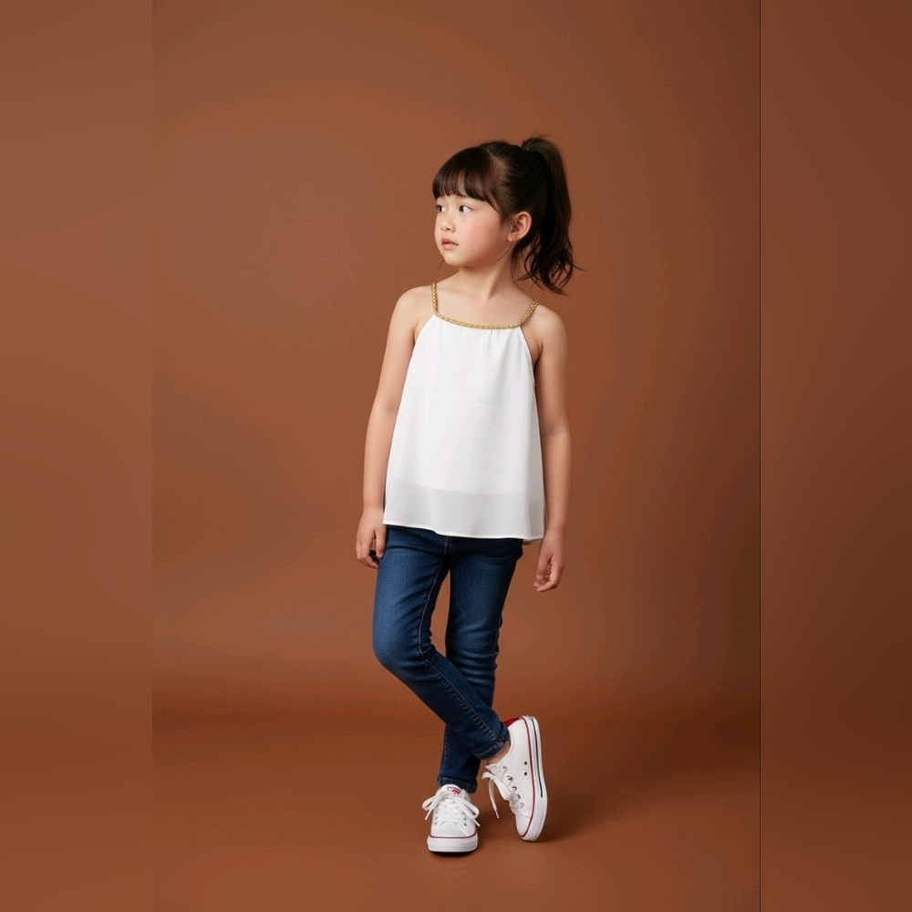 Girls SZ 4 White TOP w/ Gold Braided Neckline Sleeveless / NEW